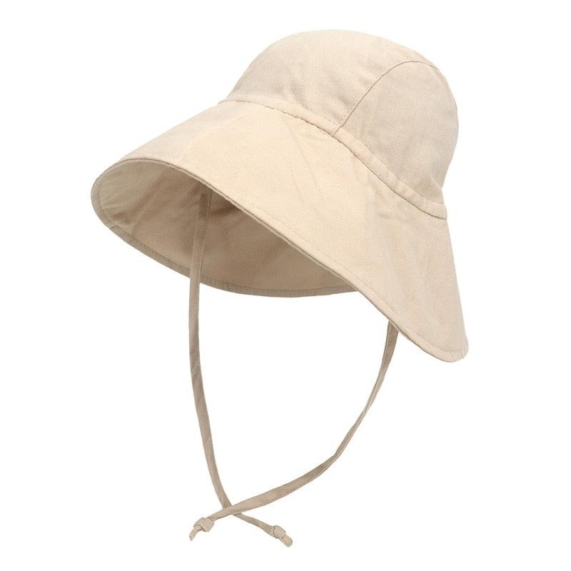 Beige big brim sun hat for kids with strap