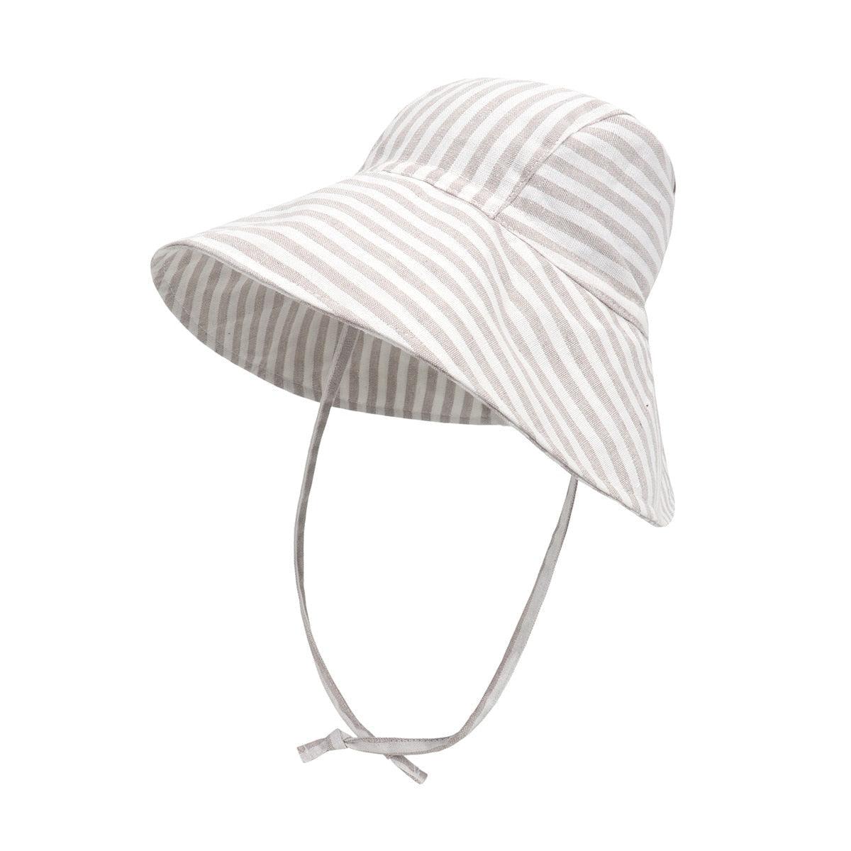Grey striped big brim sun hat for kids with strap