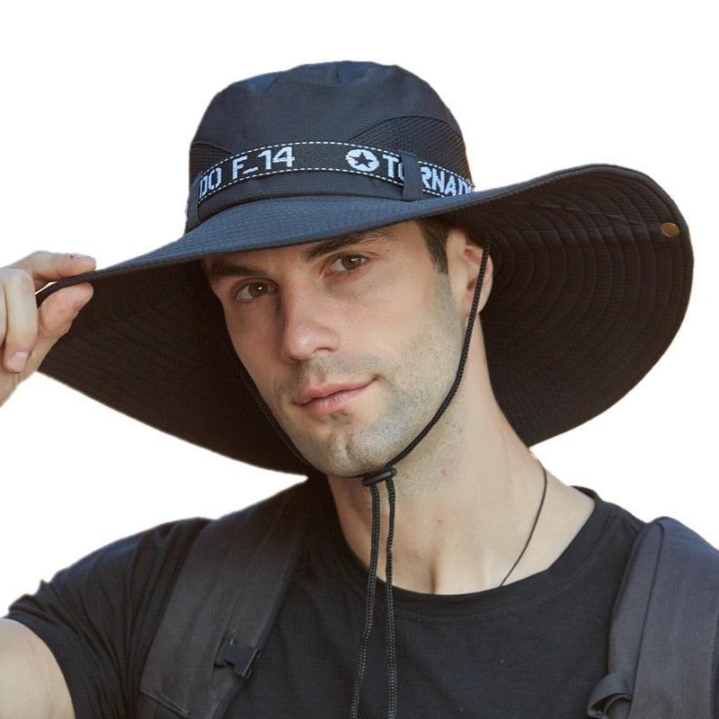 Man wearing an extra wide brim Outdoor Sun Hat
