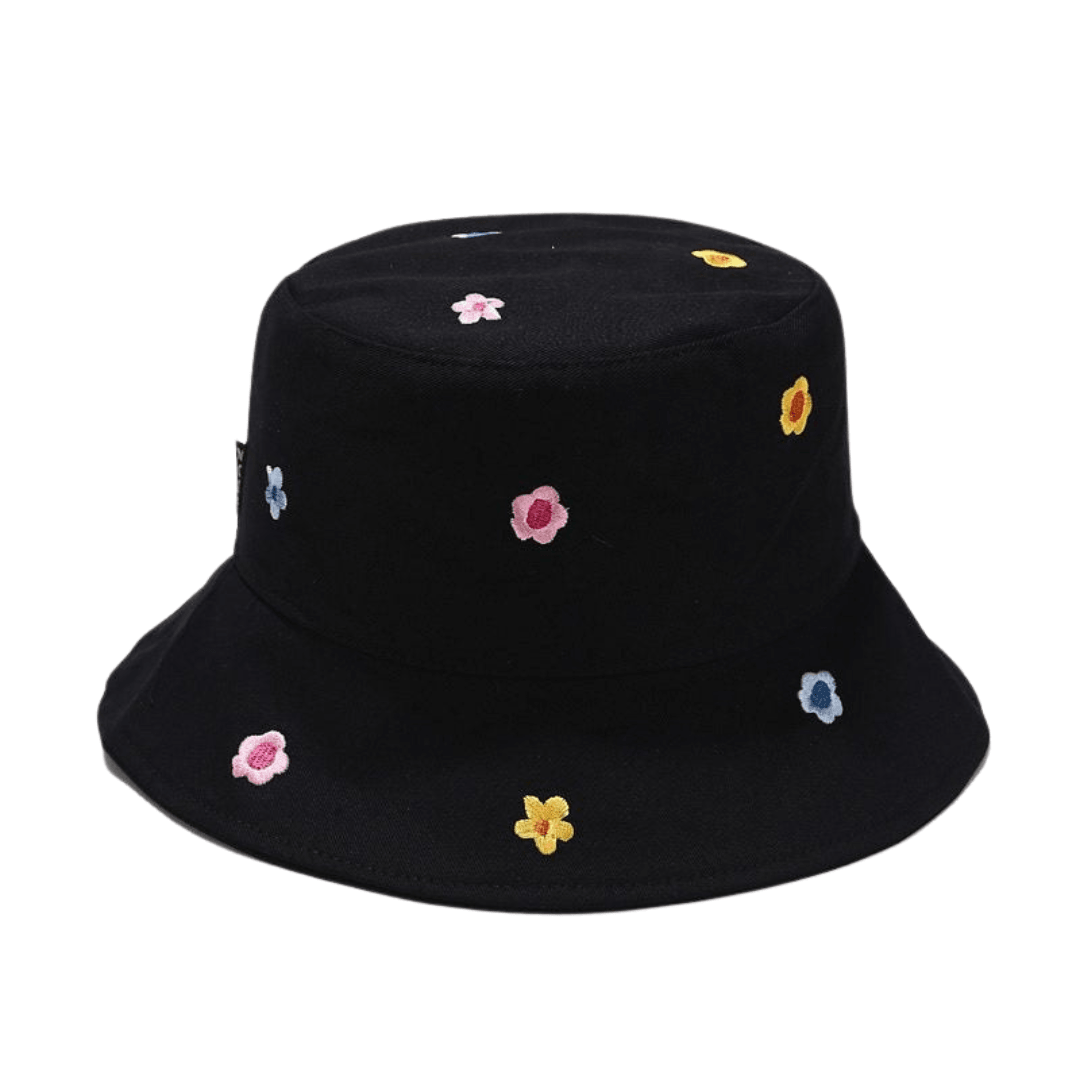 Black bucket hat with embroidered flowers