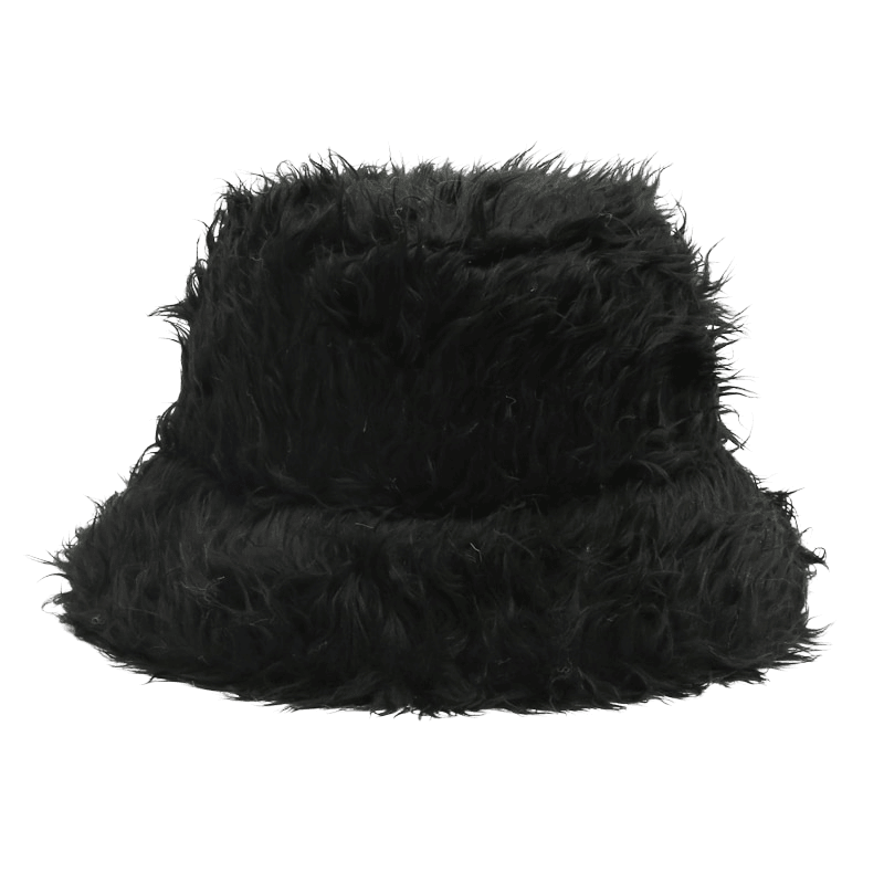 black fluffy bucket hat
