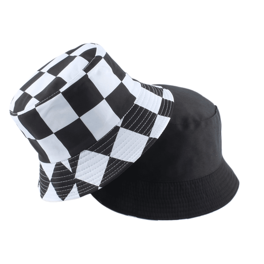 A black-and-white chequered bucket hat