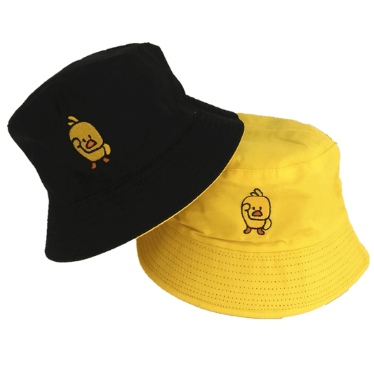 Black and yellow bucket hats with yellow duck on the front