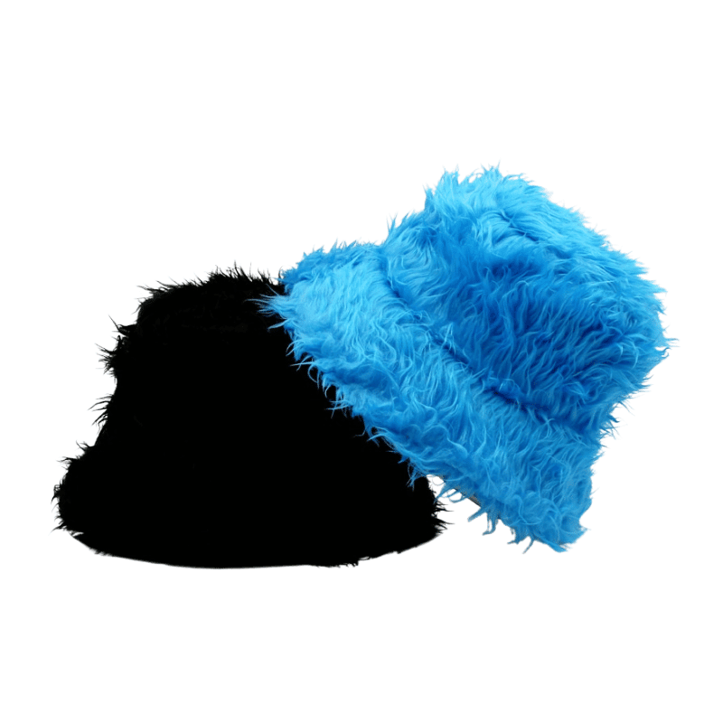 black and blue fluffy bucket hats