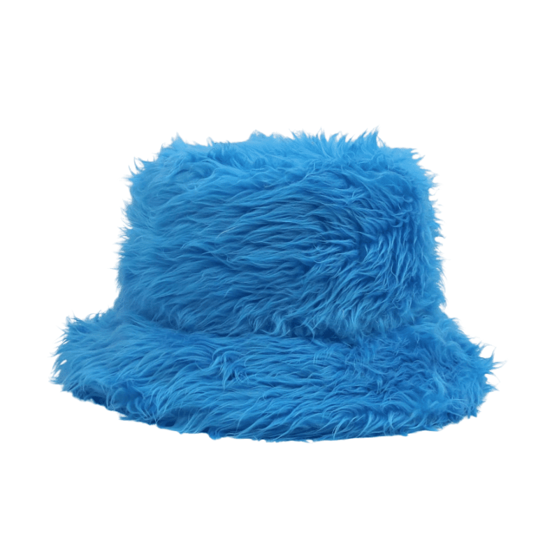 blue fluffy bucket hat