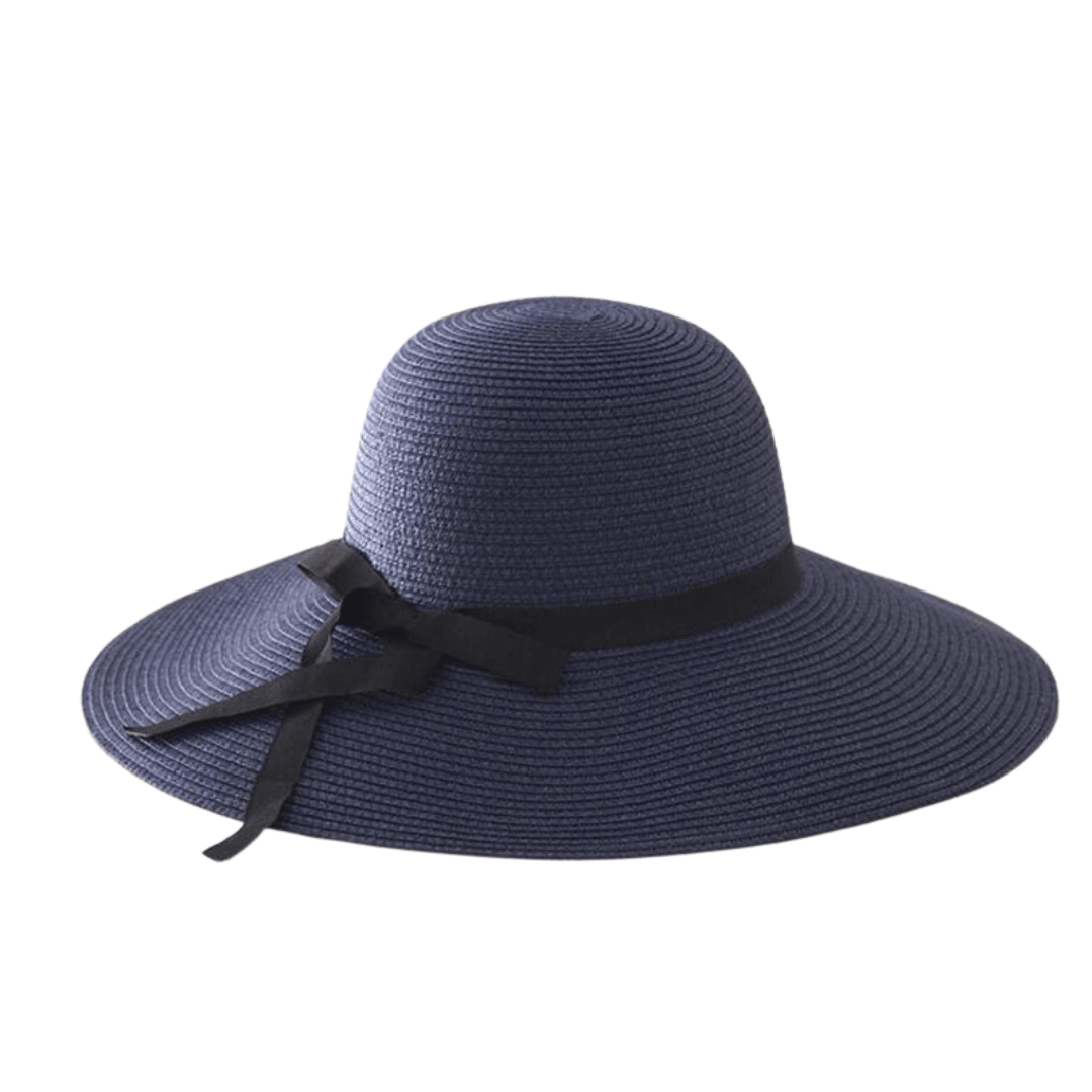 Blue sun hat with a black ribbon