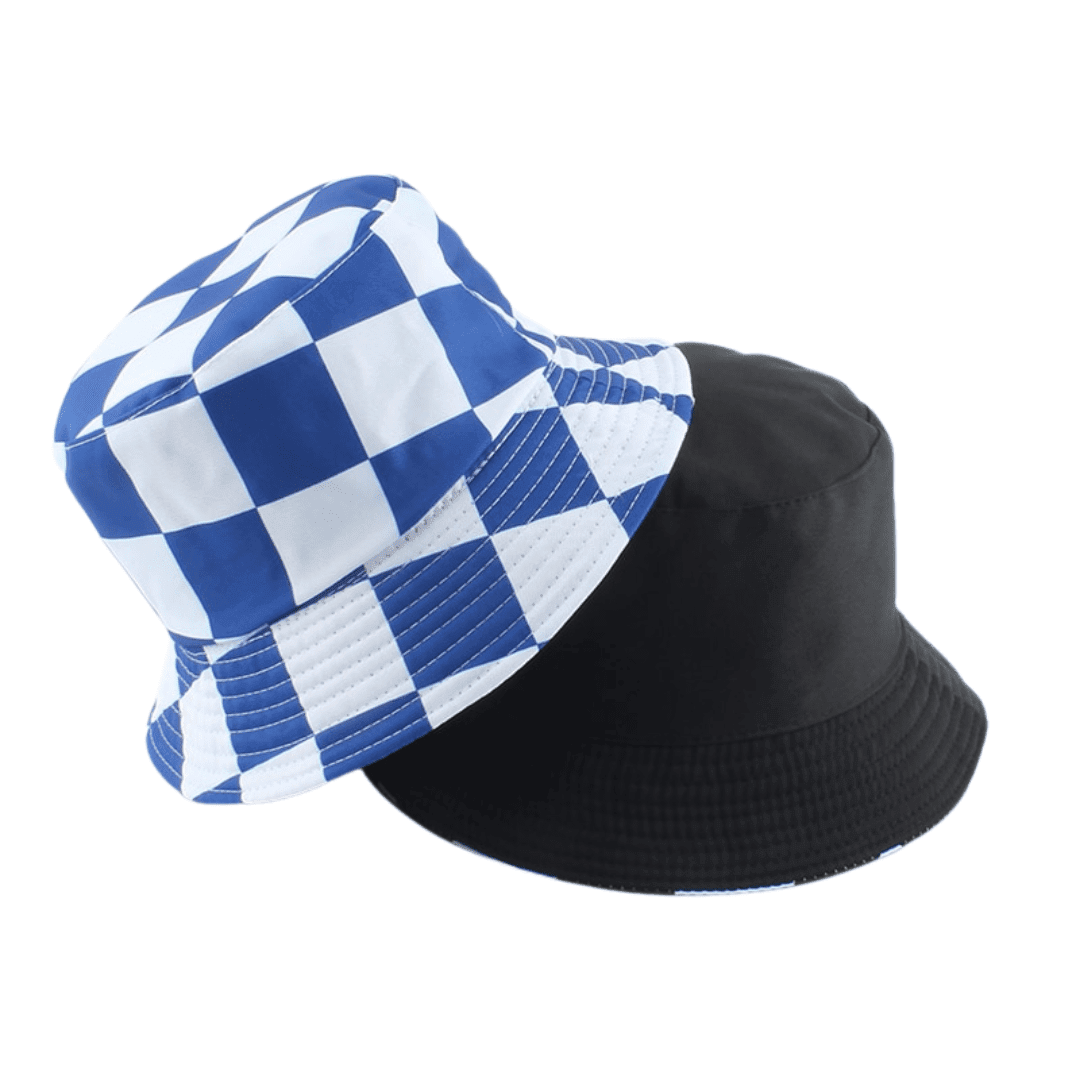 A blue-and-white chequered bucket hat