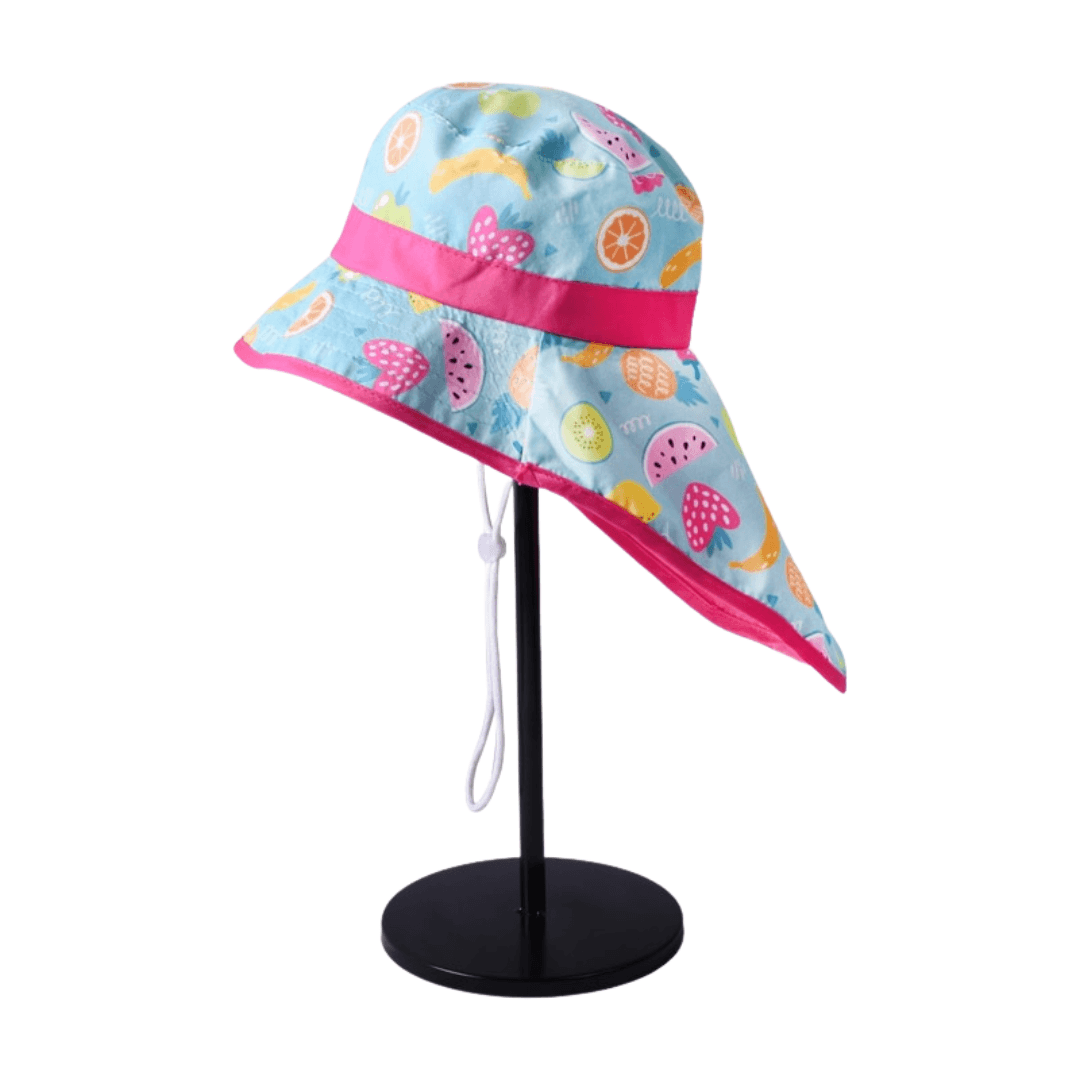 Pink watermelon and kiwi bucket hat with neck flap for kids