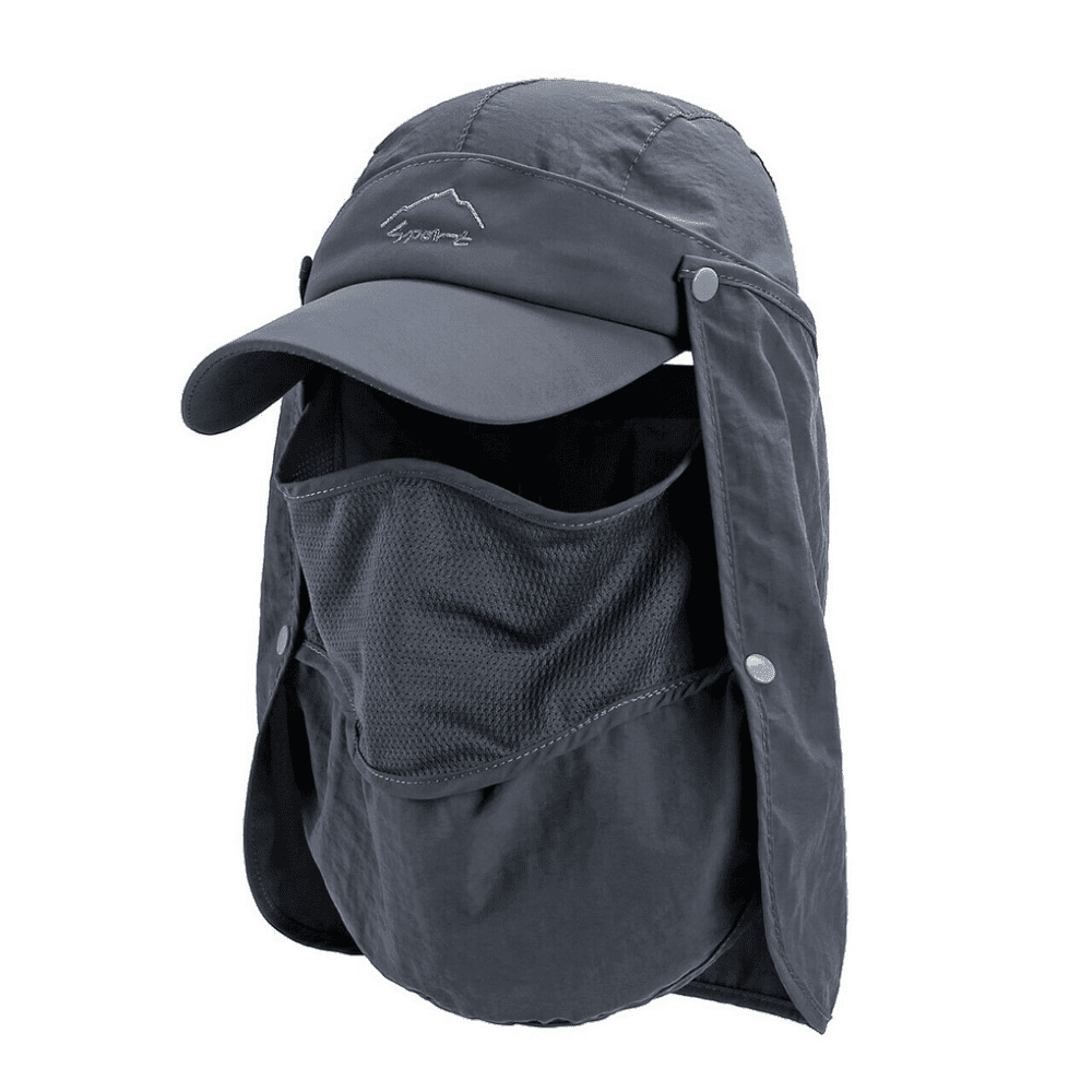 Dark grey sun hat with face flaps and visor