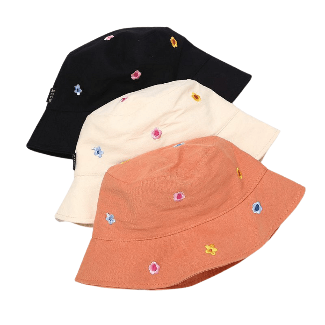 Bucket hats with embroidered flowers