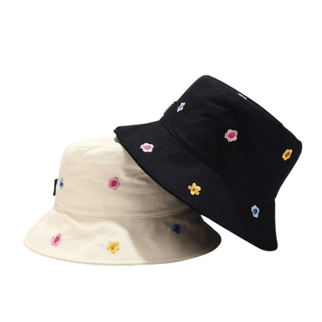 Two hats with embroidered flowers