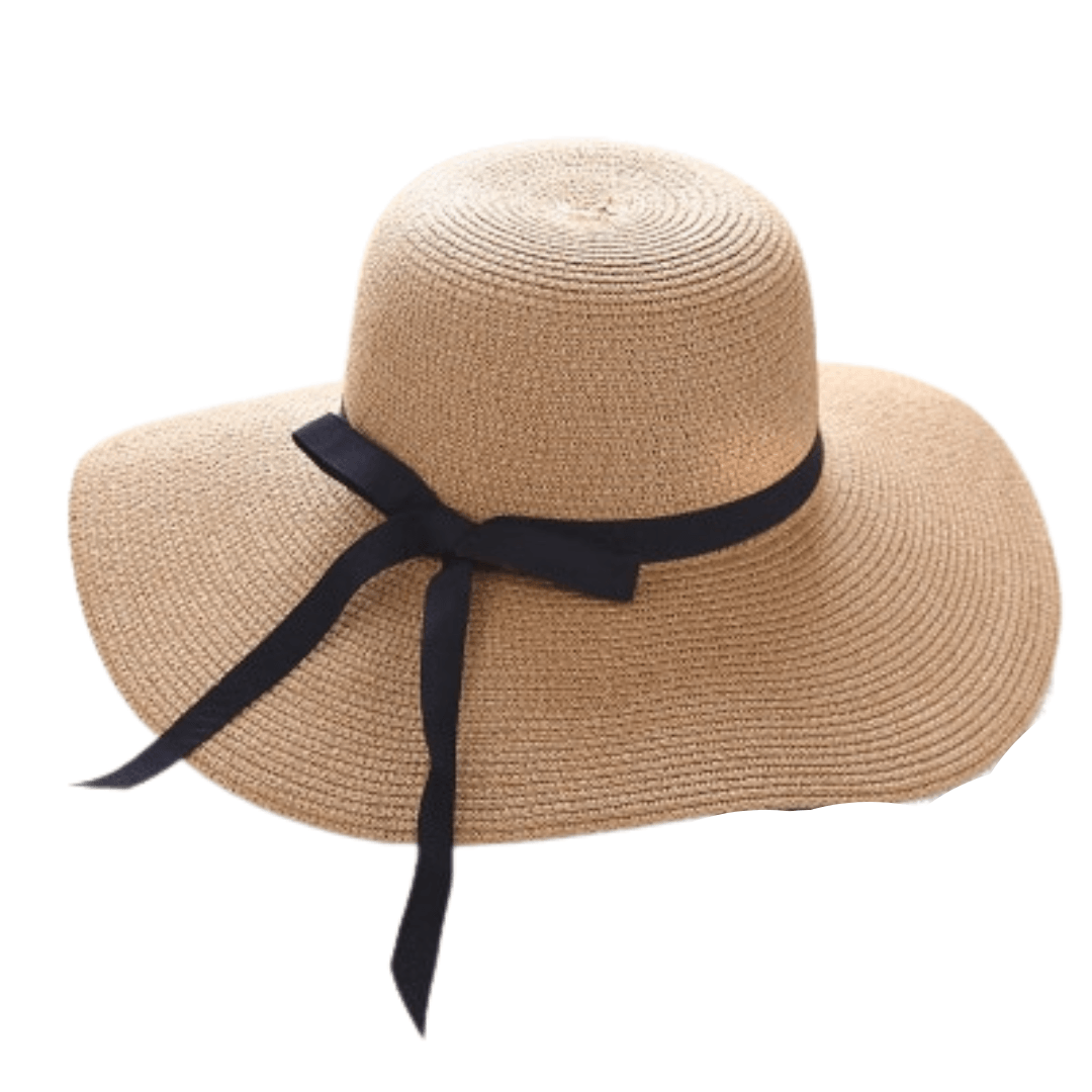 Khaki sun hat with a black ribbon