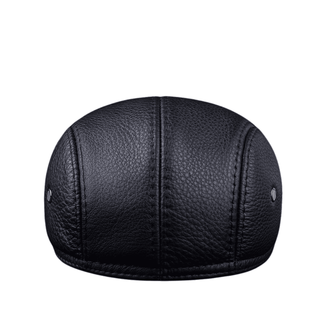 Black leather ascot cap with ear flaps