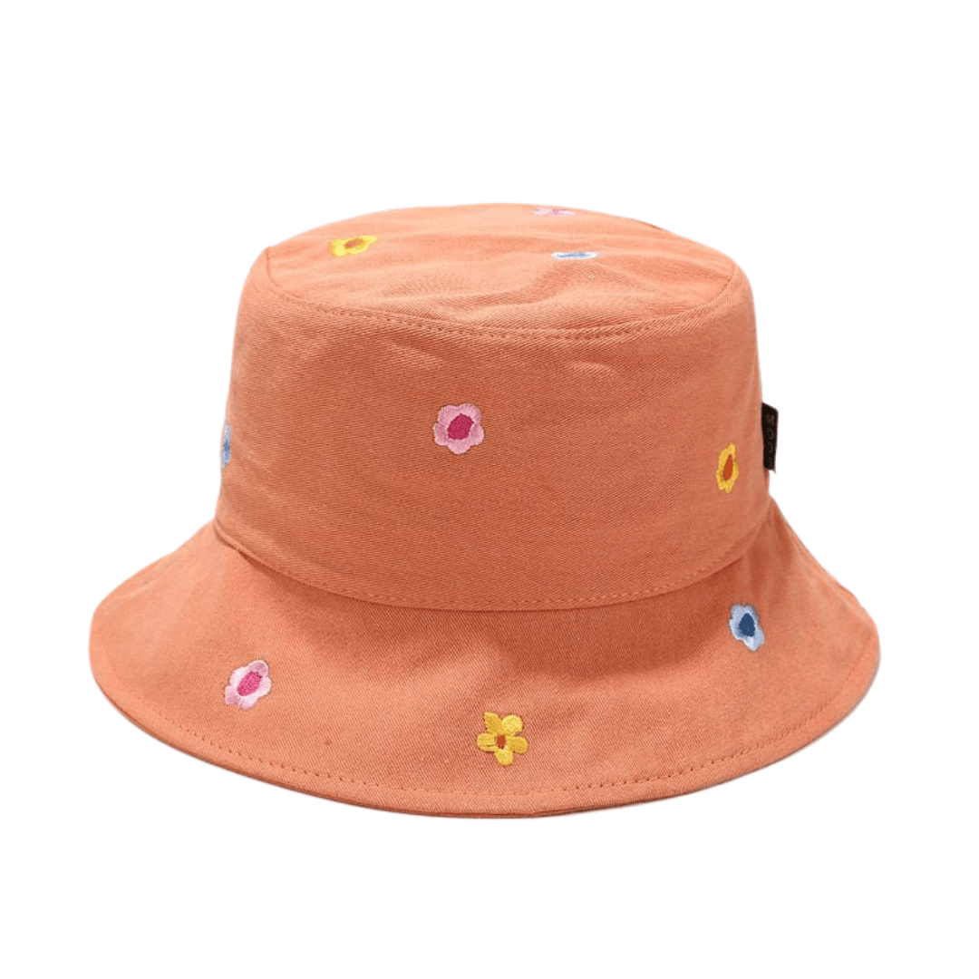 Orange bucket hat with embroidered flowers