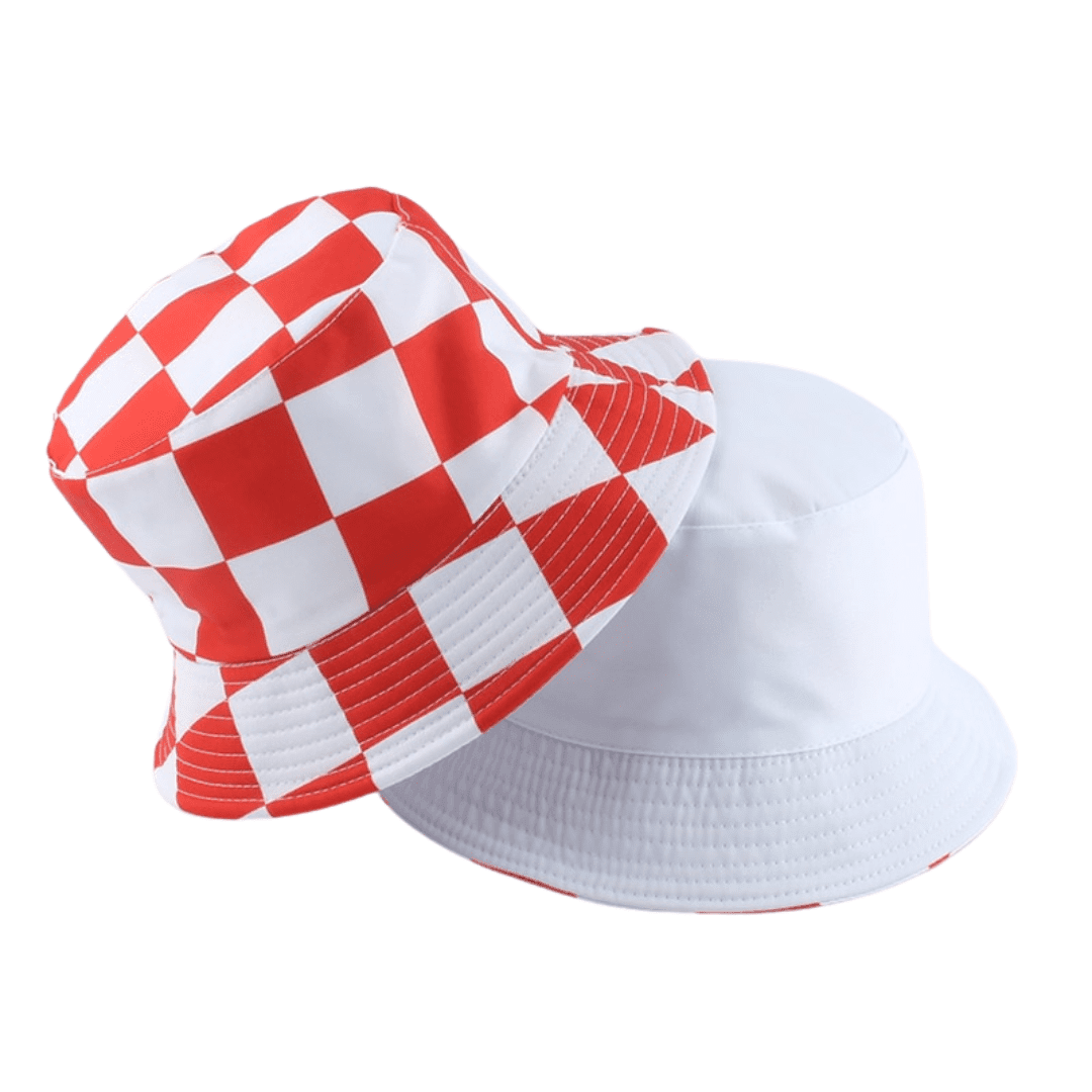 A red-and-white chequered bucket hat
