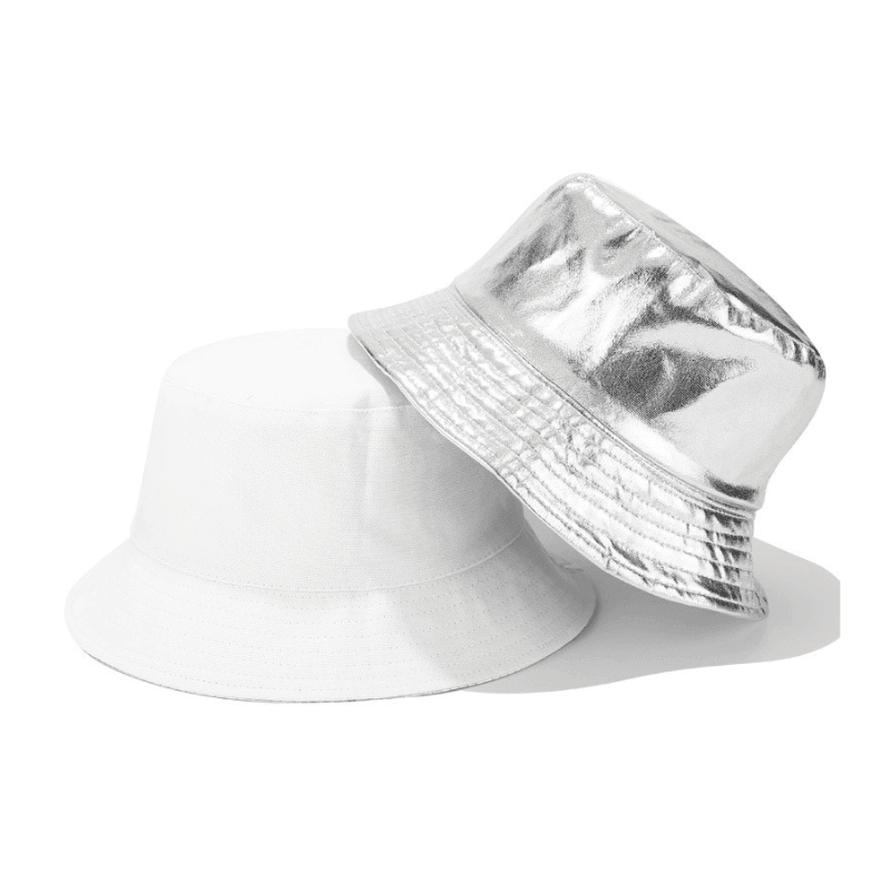 silver and white bucket hats