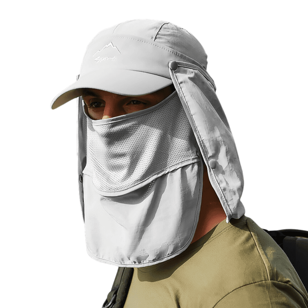 Man wearing grey sun hat with face flaps and visor