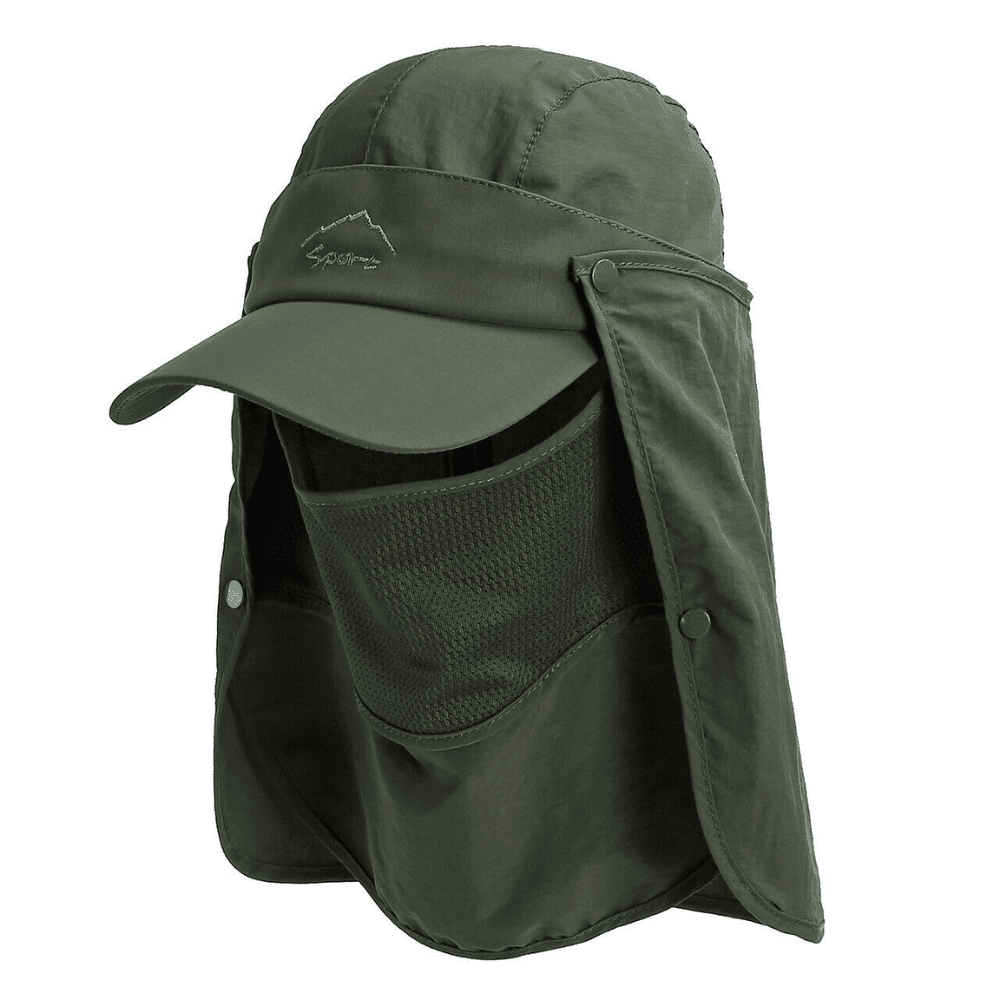 Dark green sun hat with face flaps and visor
