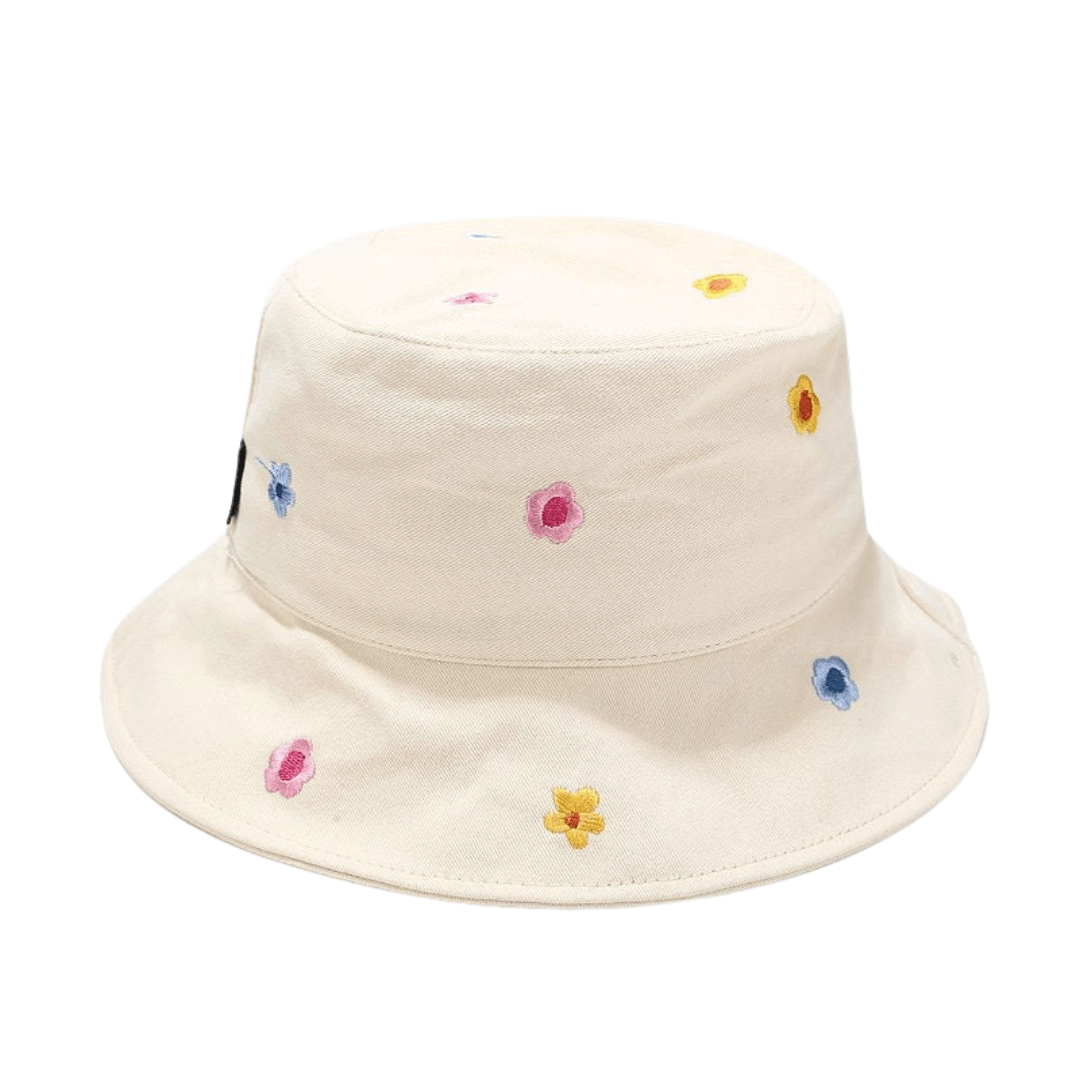 White bucket hat with embroidered flowers