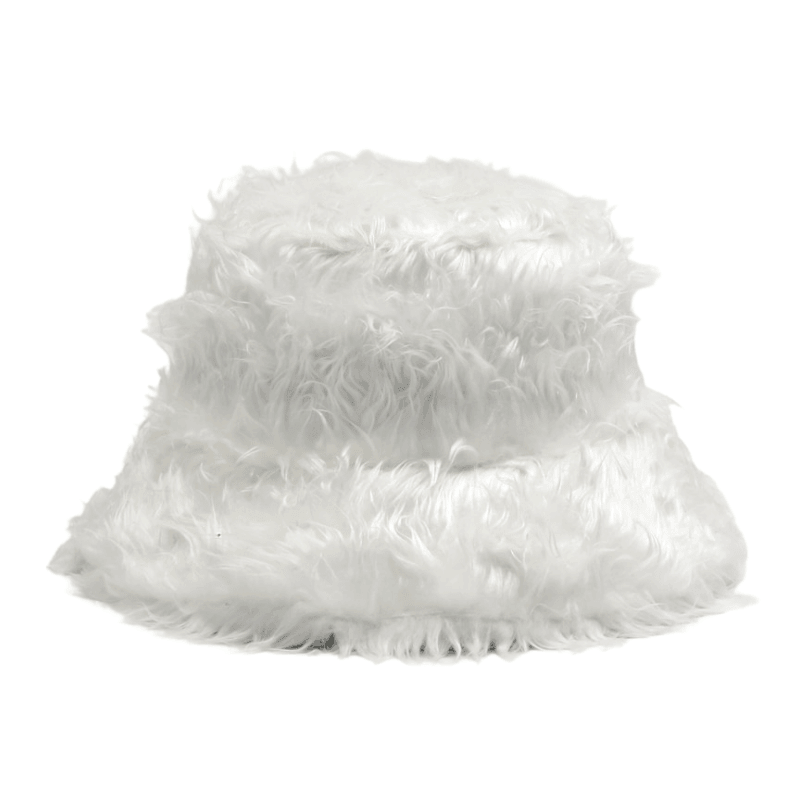 white fluffy bucket hat