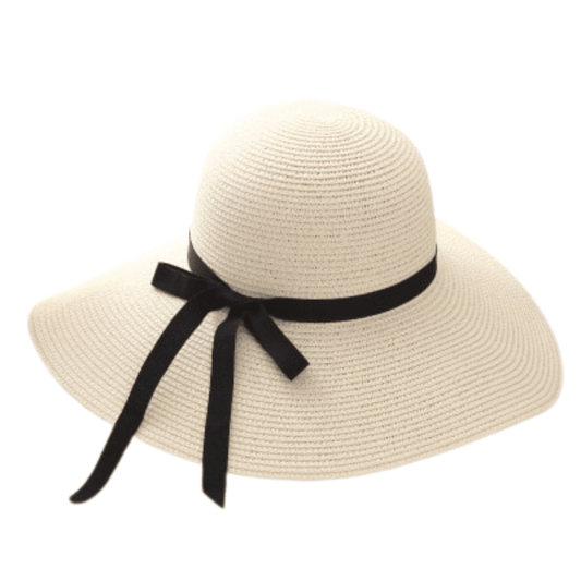 White sun hat with a black ribbon