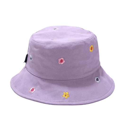 Purple bucket hat with embroidered flower pattern