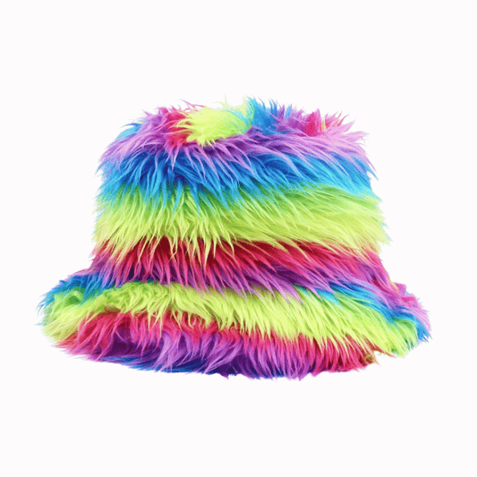 Fluffy rainbow bucket hat