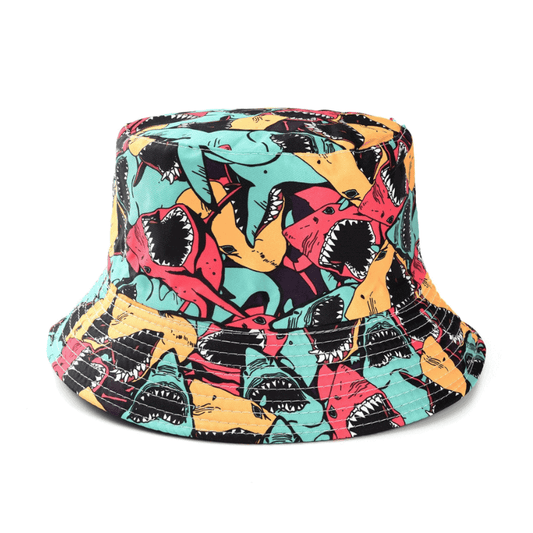 Bucket hat with colourful shark pattern