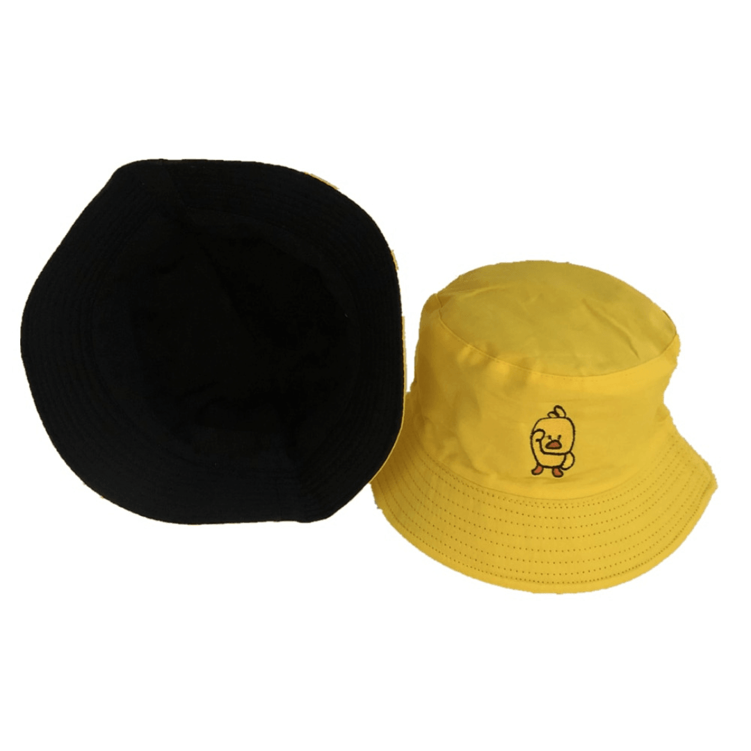 Black and yellow bucket hat with yellow duck on the front