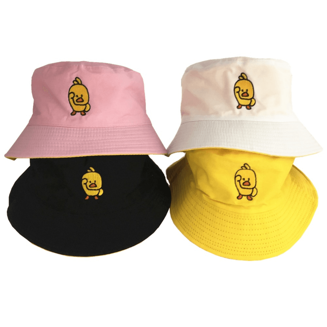 Four bucket hats with yellow duck on the front