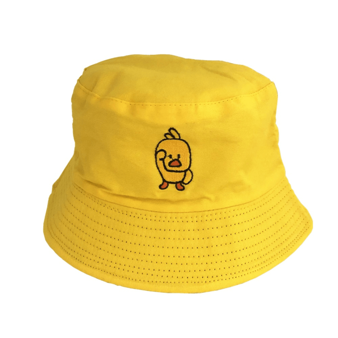 Yellow bucket hat with yellow duck on the front